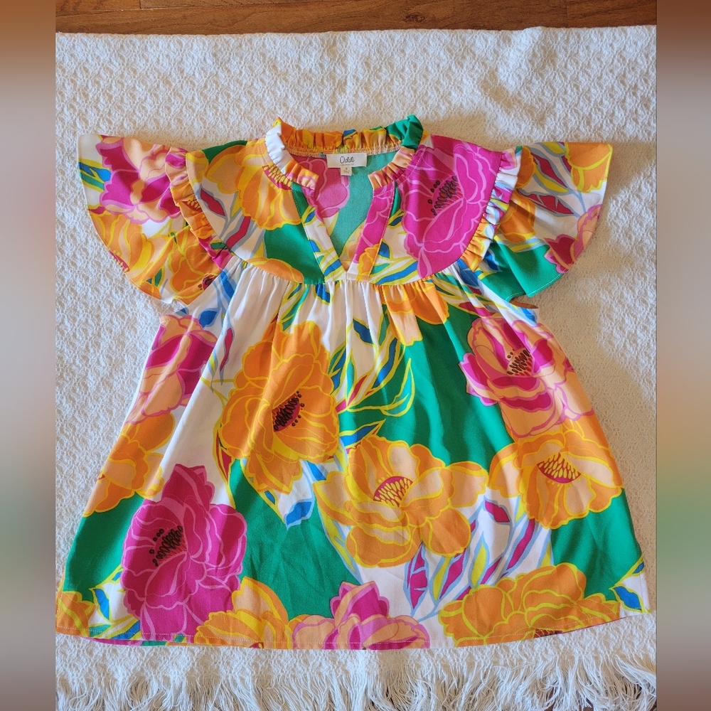 Oddi Vibrant Floral Ruffle Blouse With White, Pink And Orange